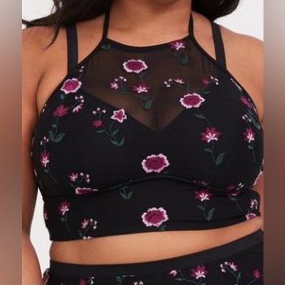 Torrid Black Floral High Neck Bikini Top embroidered floral mesh size 0 large 12 - Picture 1 of 8